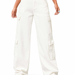 Eizaro White Oversized Cargo Wide Leg Jeans Side Angle Full Length Pure Denim Women India
