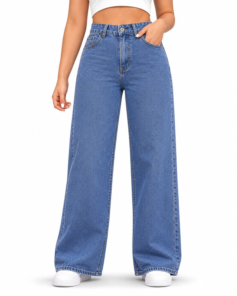 Eizaro Mid Blue Wide Leg High Waist Jeans Front View 100% Pure Denim Women India