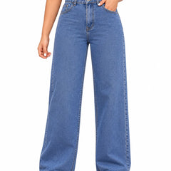 Eizaro Mid Blue Wide Leg High Waist Jeans Front View 100% Pure Denim Women India