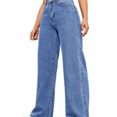 Eizaro Mid Blue Wide Leg High Waist Jeans Side View 41 Inch Pure Denim Women