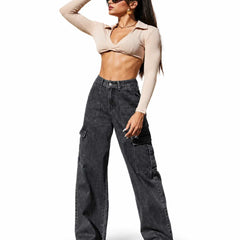 Eizaro Charcoal Grey Wide Leg Jeans Side View 41 Inch High Waist Pure Denim