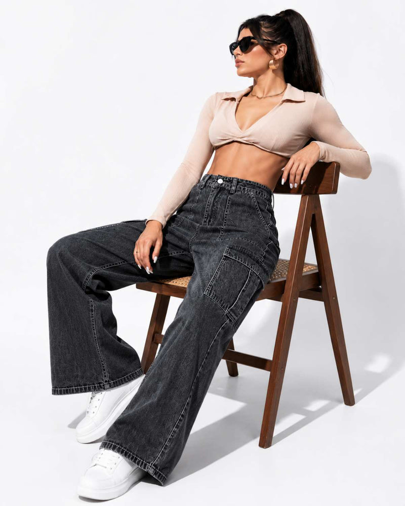 Eizaro Charcoal Grey Wide Leg Jeans Street Style Casual Denim Women India