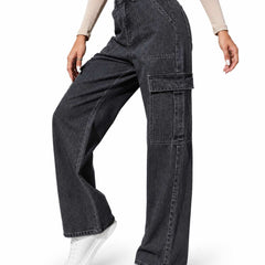 Eizaro Charcoal Grey Wide Leg Jeans High Waist Detail Women Pure Denim India