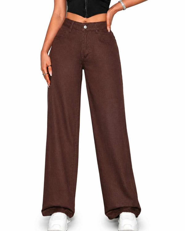 Eizaro Dark Brown Wide Leg High Waist Jeans Front View 100% Pure Denim Women India