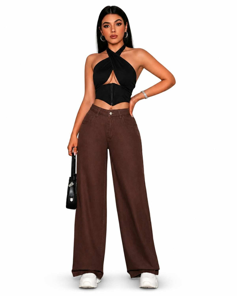 Eizaro Dark Brown Wide Leg High Waist Jeans Full Length Street Style Women India