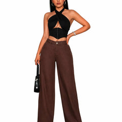 Eizaro Dark Brown Wide Leg High Waist Jeans Full Length Street Style Women India