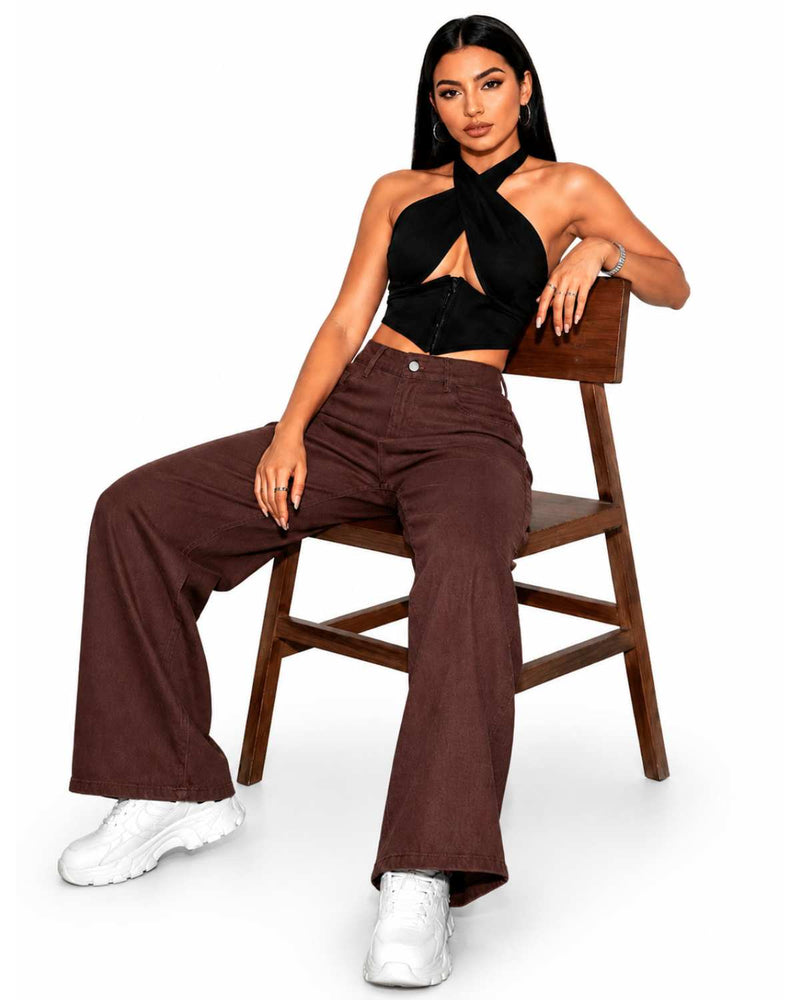 Eizaro Dark Brown Wide Leg High Waist Jeans Seated Side Street Style Women India