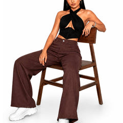Eizaro Dark Brown Wide Leg High Waist Jeans Seated Side Street Style Women India