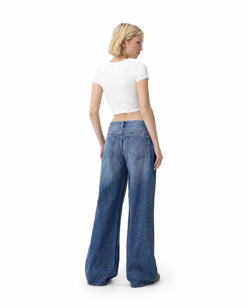 Eizaro Mid Blue Wide Leg Jeans Back Angle Street Style Casual Women India
