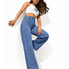 Women's Trendy Wide Leg High Waist Relaxed Fit Blue Denim Jeans Back View - Eizaro