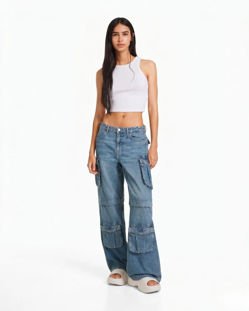 Side view of women's high waist wide leg cargo denim jeans