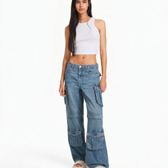 Side view of women's high waist wide leg cargo denim jeans
