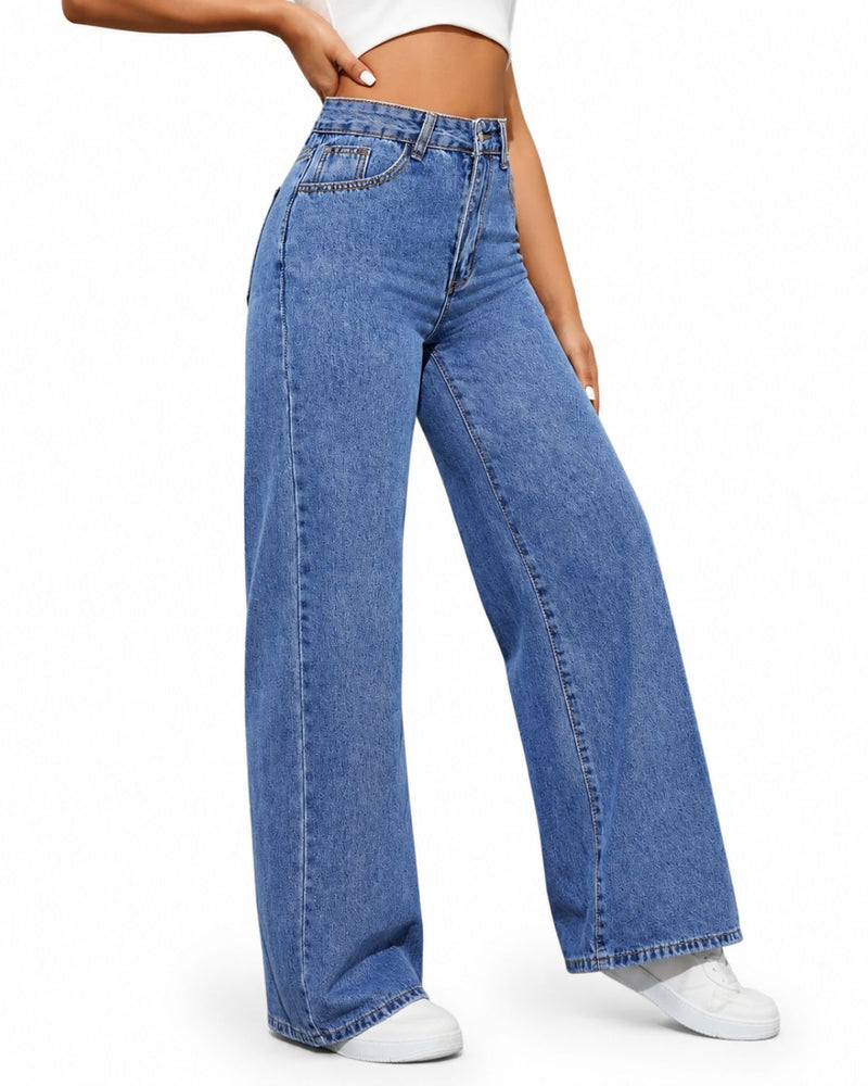 High Waist Wide Leg Blue Denim Jeans Side View for Women - Eizaro Online Store