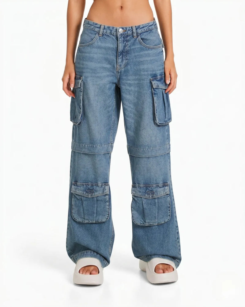 Women's baggy wide leg cargo jeans in medium blue denim with high waist fit