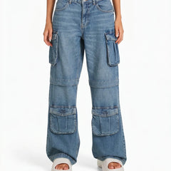 Women's baggy wide leg cargo jeans in medium blue denim with high waist fit