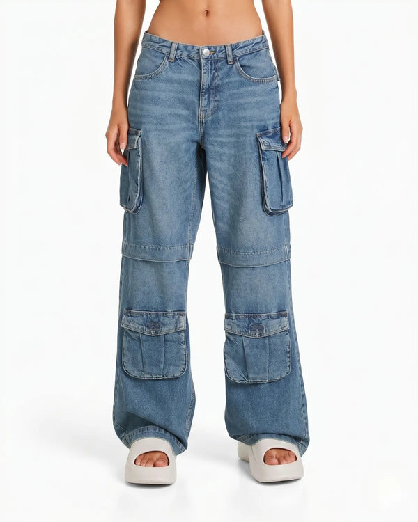 Women's baggy wide leg cargo jeans in medium blue denim with high waist fit